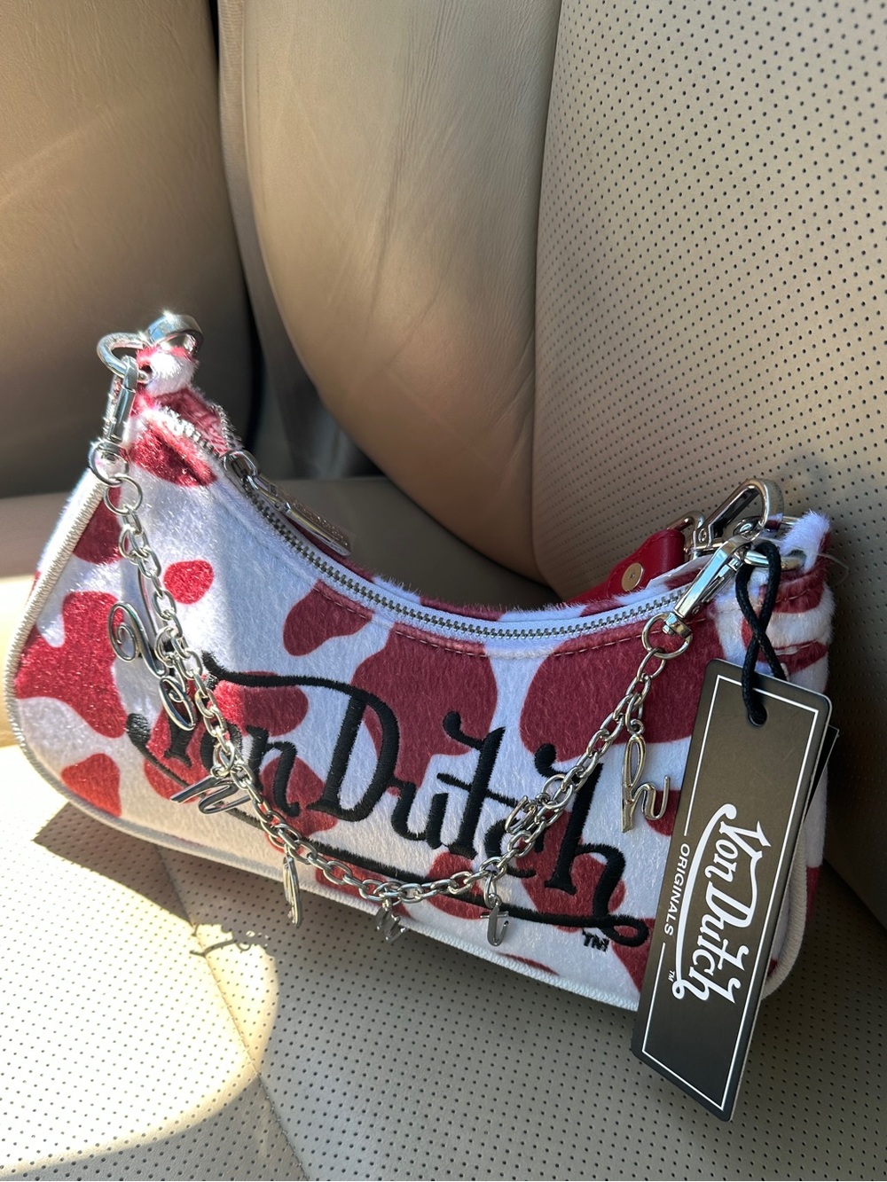 Von Dutch Red & White Cow Print Mini Shoulder Bag with Chain